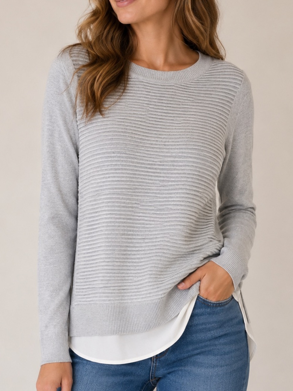 NWOT Hilary Radley Ribbed Knit Layered Hem Sweater Top Small Grey White